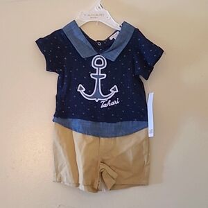 Tahari Romper Shorts, Blue and Khaki, 3/6months